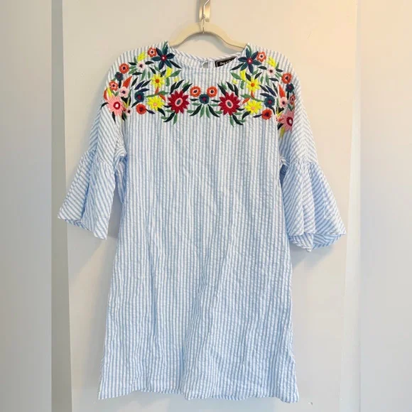Song of Style Blue White Seersucker Stripe Floral Embroidery Mini Dress Small - Picture 1 of 9